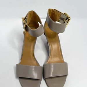 Nine West Taupe Leather Sandals with Ankle Strap & Gold Buckle Size 7.5